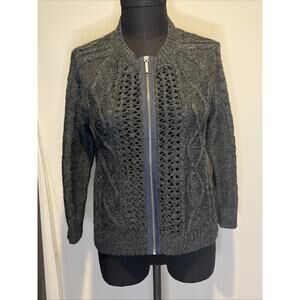 DKNY Women’s Charcoal Gray Full Zip Sweater‎ Open-Knit Cable Style